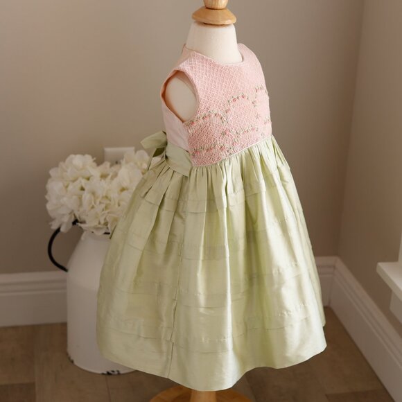 Pink & Green Smocked Dupioni Silk Dress Special Occasion Portrait Size 2 LOVELY! - Picture 4 of 7